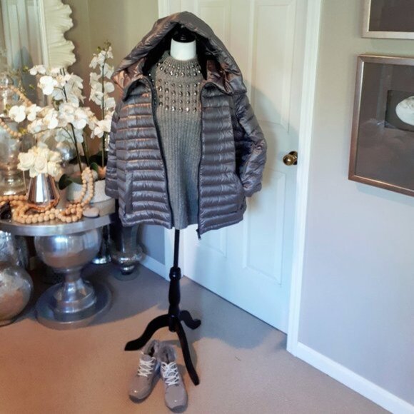 EUC Calvin Klein silver down hooded puffer coat 1X - Picture 1 of 6